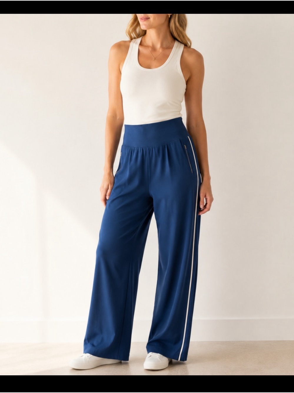 Athleta Navy Wide-Leg Track Pants with White Side Stripe